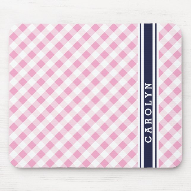 Tapis De Souris chic preppy rose marine en vichy motif monogramme (Devant)