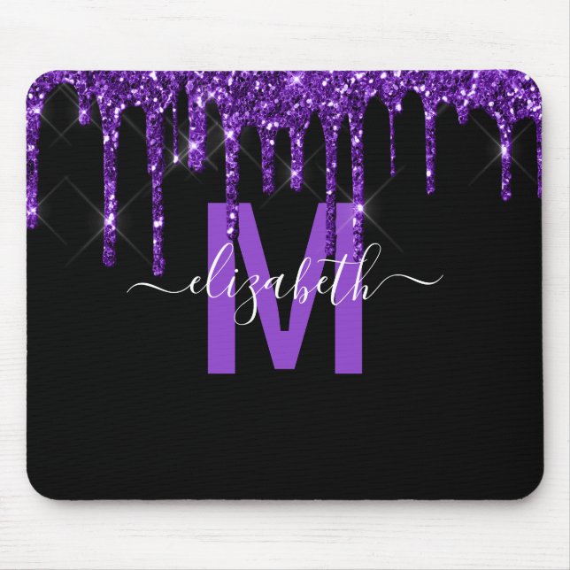 Tapis De Souris Chic Purple Driple Parties scintillant Nom du mono (Devant)