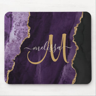 Tapis De Souris Chic Purple Gold Agate Script Personnalisé Monogra