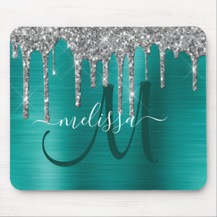 Tapis De Souris Chic Turquoise brossé Parties scintillant d'argen