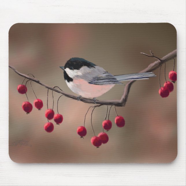 Tapis De Souris CHICKADEE et BAIES ROUGES par SHARON SHARPE (Devant)