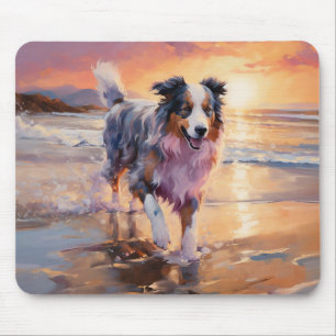 Tapis De Souris Chien berger australien sable sur coucher de solei