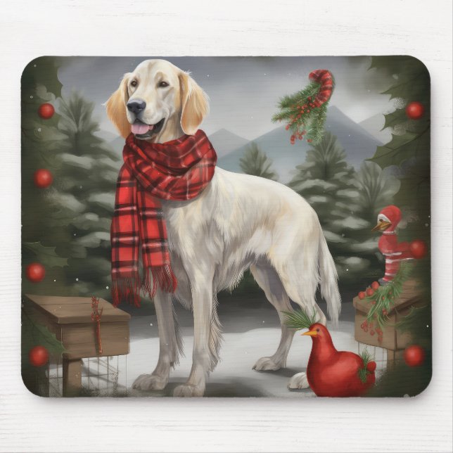 Tapis De Souris Chien de coin anglais en Noël de neige (Devant)