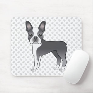 Tapis De Souris Chien de dessin animé Boston Terrier bleu et blanc
