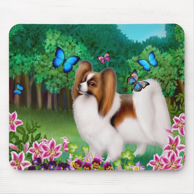 Tapis De Souris Chien de Papillon dans le jardin Mousepad (Devant)