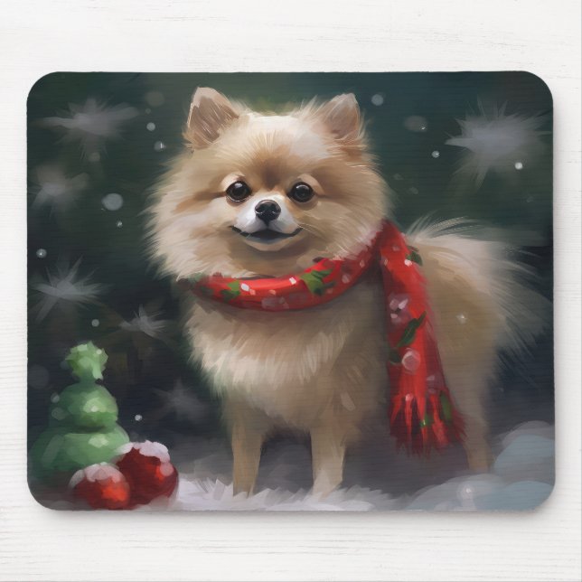 Tapis De Souris Chien de Poméranie en Noël de neige (Devant)