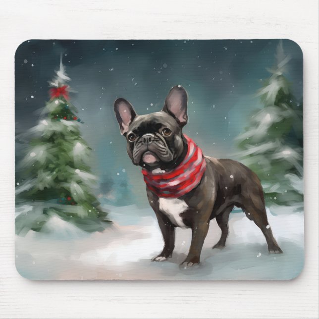 Tapis De Souris Chien de taureau français à Noël de neige (Devant)