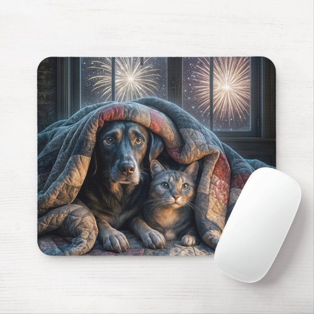 Tapis De Souris Chien et chat effrayés sous une courtepointe (Avec souris)