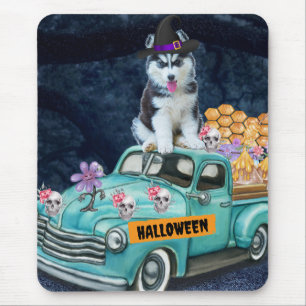 Tapis De Souris Chien Husky Sibérien Halloween Camion Nuit Effraya