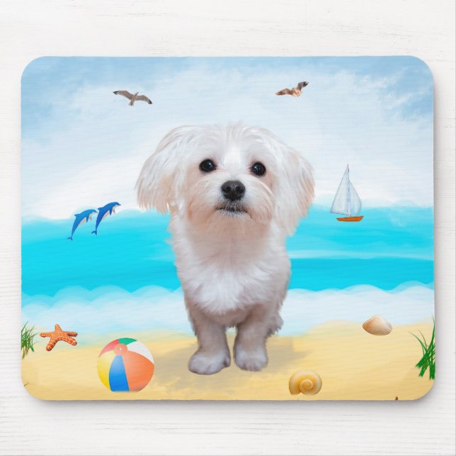 Tapis De Souris Chien maltais sur la plage (Devant)