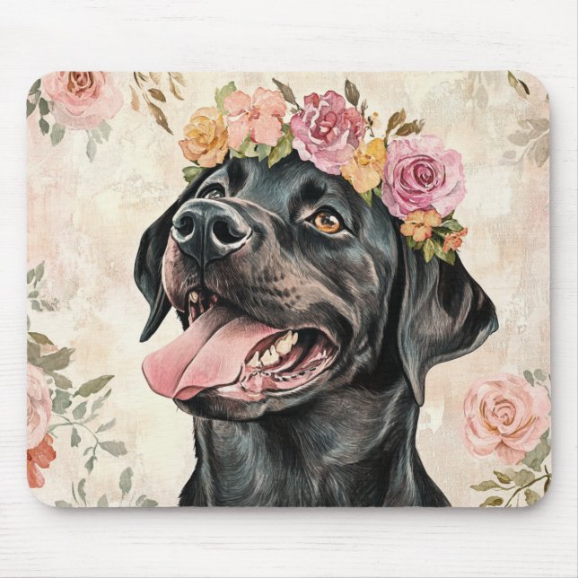 Tapis De Souris Chien Retriever Labrador Noir Fleur Rose Pêche (Devant)