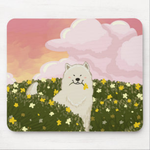 Tapis De Souris Chien Samoyède Mignon dans un Champ de Fleurs Jaun