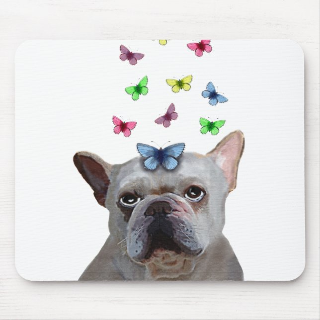 Tapis De Souris Chien-taureaux et papillons français blancs (Devant)