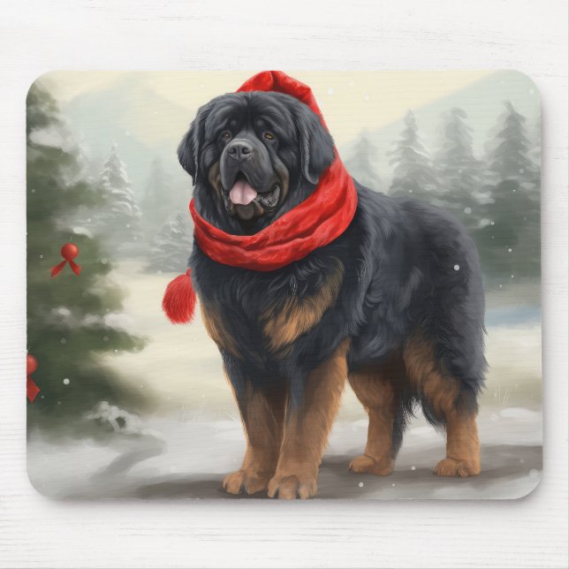 Tapis De Souris Chien tibétain mastiff à Noël de neige (Devant)