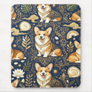 Tapis De Souris Chiens Corgi Élégants Motif Damassé Or Bleu Marine