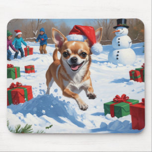 Tapis De Souris Chihuahua courant dans la neige avec un chapeau de