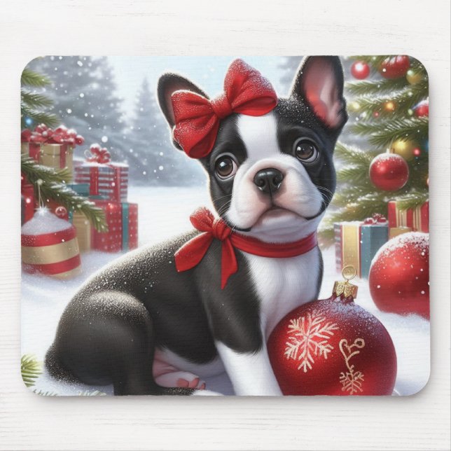 Tapis De Souris Chiot de Boston Terrier avec ornements de Noël (Devant)