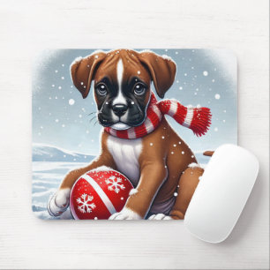 Tapis De Souris Chiot de boxe dans un paysage enneigé tenant une b