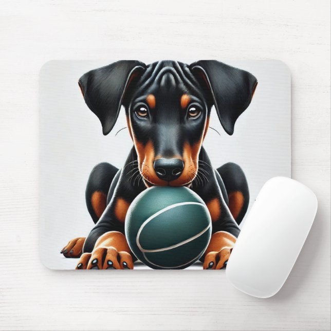 Tapis De Souris Chiot de Doberman Pinscher tenant une balle (Avec souris)