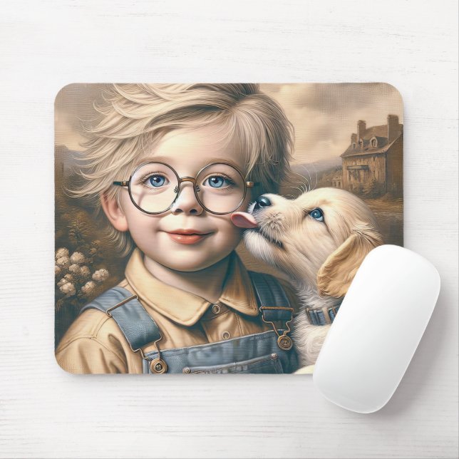 Tapis De Souris Chiot qui lèche le visage du petit garçon (Avec souris)