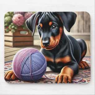 Tapis De Souris Chiots Doberman Pinscher avec une Pelote de Laine