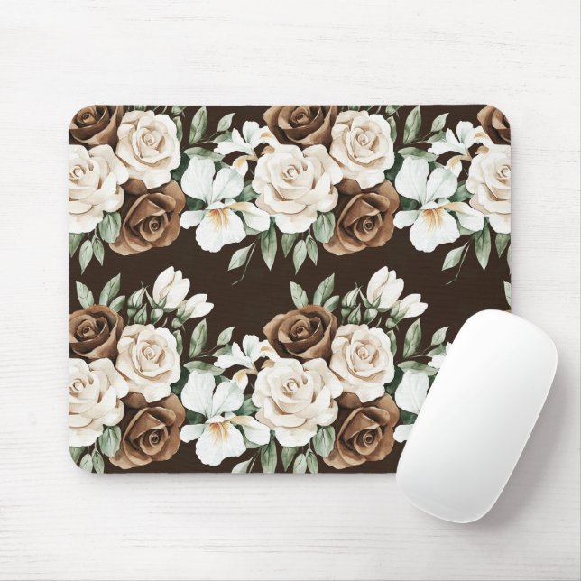 Tapis De Souris Chocolate Brown Cream Flowers (Avec souris)