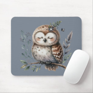 Tapis De Souris Chouette à l'aquarelle mignonne avec style boisé f