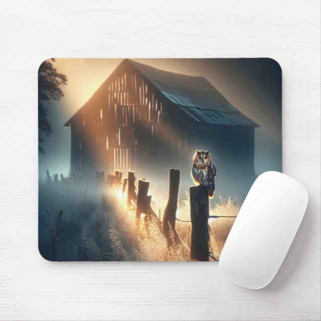 Tapis De Souris Chouette assise sur une clôture de ferme (Avec souris)
