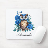 Chouette bleu aquarelle et Rose
