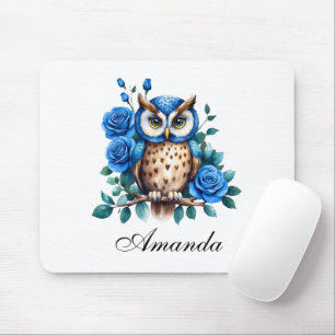 Tapis De Souris Chouette bleu aquarelle et Rose
