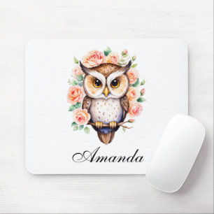 Tapis De Souris Chouette d'aquarelle mignonne et Roses feuillus