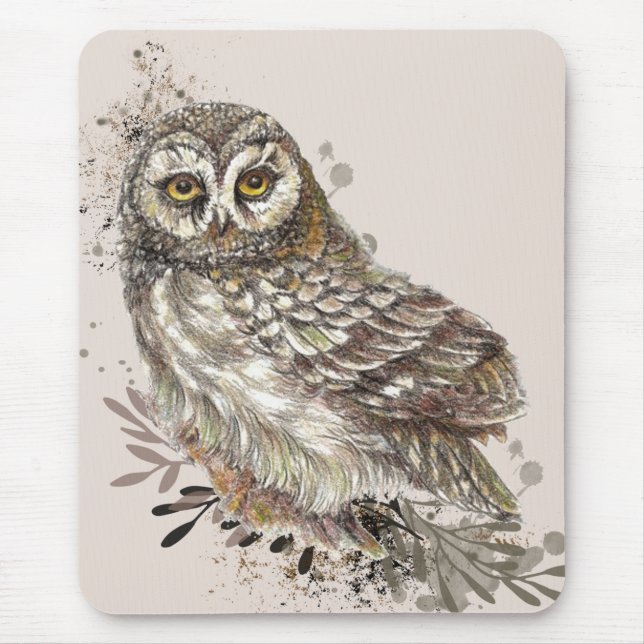 Tapis De Souris Chouette mignonne, Aquarelle Oiseau Nature Bloc-no (Devant)