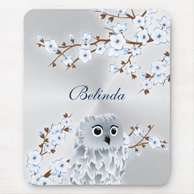 Tapis De Souris Chouette mignonne Fleur de cerisier Argent Monogra (Devant)