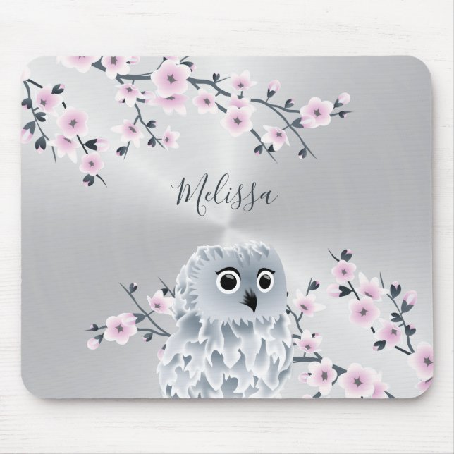 Tapis De Souris Chouette mignonne Pink Argent Monogramme Pad souri (Devant)