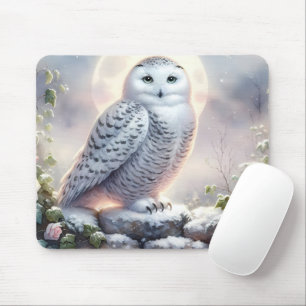 Tapis De Souris Chouette neigeuse dans le jardin d'hiver Lune