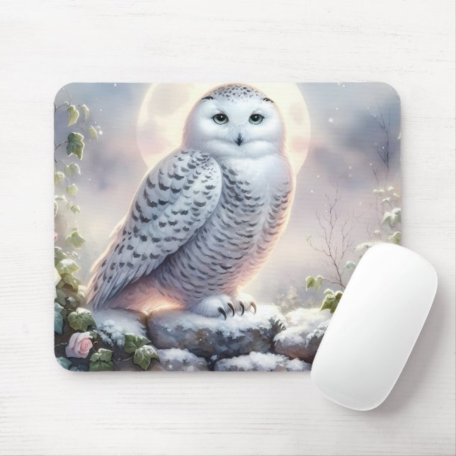 Tapis De Souris Chouette neigeuse dans le jardin d'hiver Lune (Avec souris)