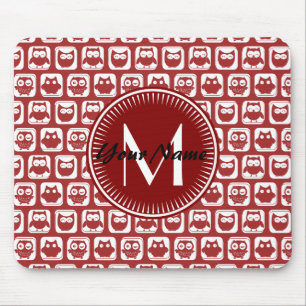 Tapis De Souris Chouettes rouges monogrammes, Nom personnalisé