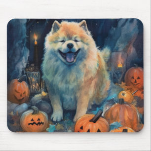 Tapis De Souris Chow Chow Halloween avec citrouilles effrayant
