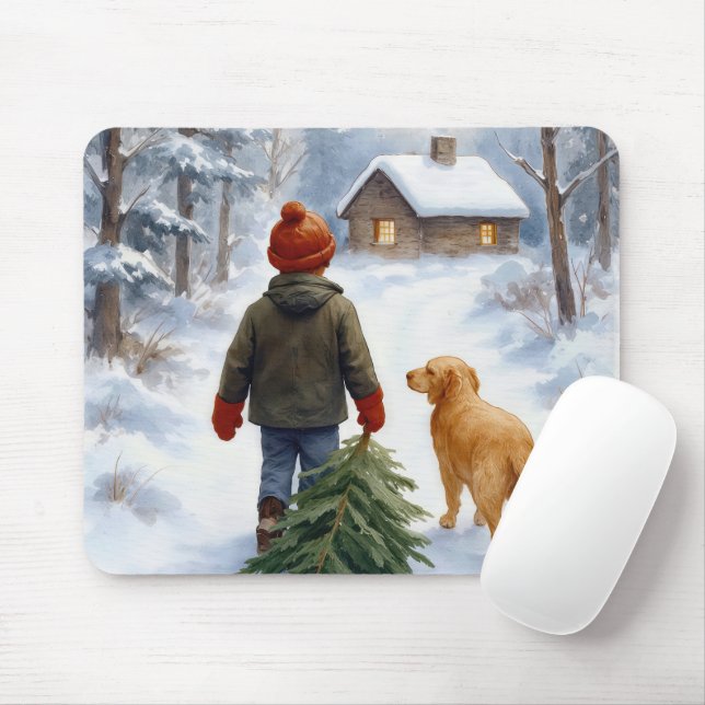 Tapis De Souris Christmas Boy Dragging an Evergreen Tree Home (Avec souris)