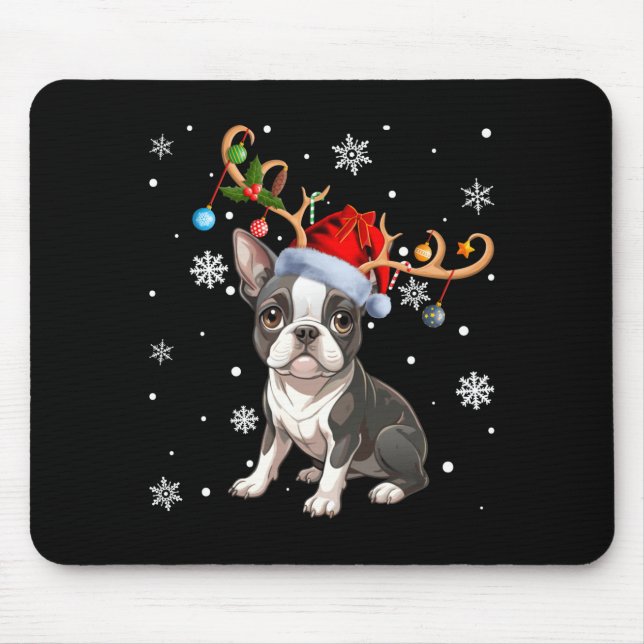 Tapis De Souris Christmas Light Reindeer Santa Hat Boston Terrier  (Devant)