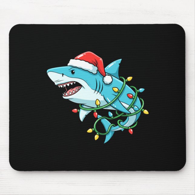 Tapis De Souris Christmas Shark Santa Hat Wrapped In Lights Funny  (Devant)