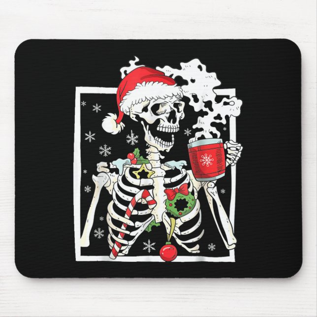 Tapis De Souris Christmas Skeleton With Smiling Skull Drinking Cof (Devant)