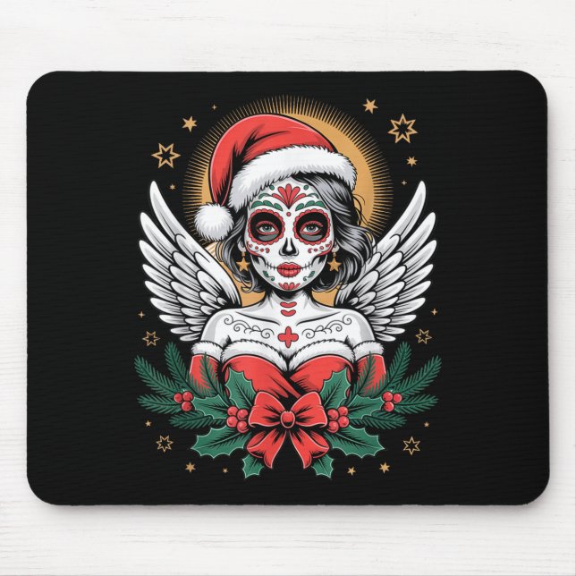Tapis De Souris Christmas Sugar Skull Art Woman Santa Hat Festive  (Devant)