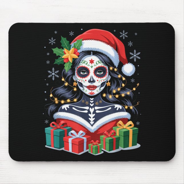 Tapis De Souris Christmas Sugar Skull Art Woman Santa Hat Festive  (Devant)