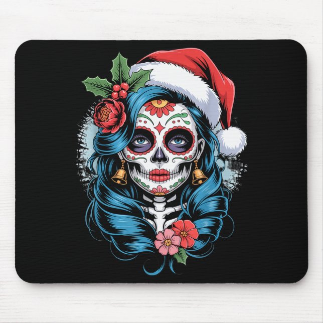 Tapis De Souris Christmas Sugar Skull Art Woman Santa Hat Festive  (Devant)
