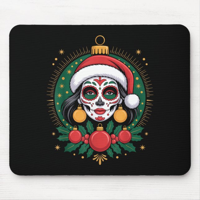 Tapis De Souris Christmas Sugar Skull Art Woman Santa Hat Festive  (Devant)