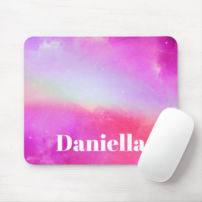 Tapis De Souris Ciel holographique rose foncé avec nom personnalis (Avec souris)