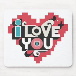 Tapis De Souris Cœur de pixel Je t'aime Typographie Rétro