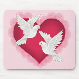 Tapis De Souris Coeur et colombes - rose
