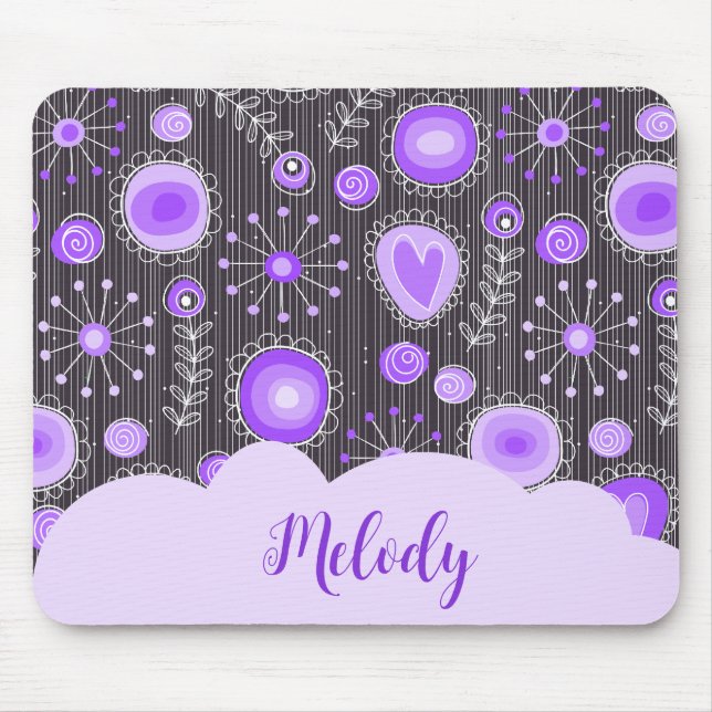 Tapis De Souris Coeur gris violet blanc et nom floral (Devant)
